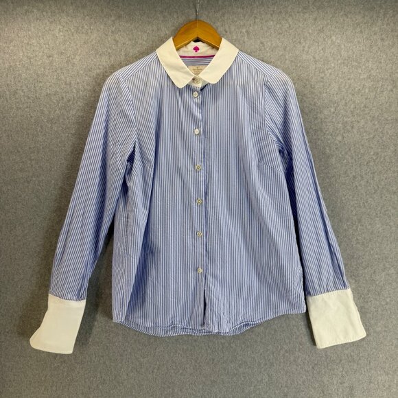 Kate Spade Emma Blouse Blue White Stripe Cotton Button Front Collar Cuffs Size 8 - Picture 1 of 16
